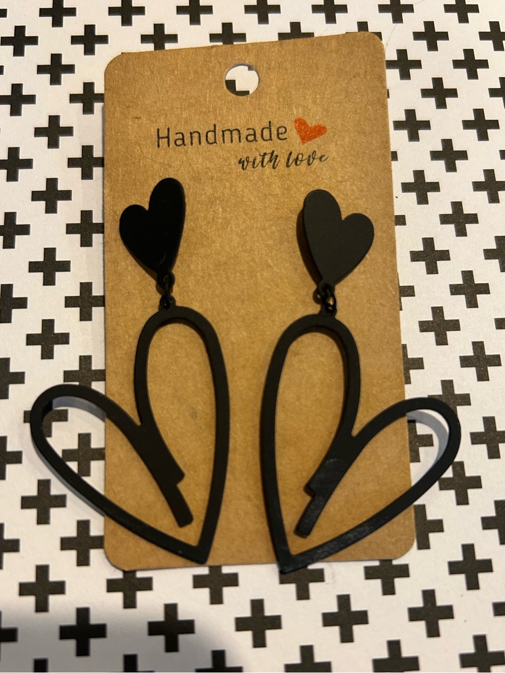Handmade Black Heart Drop Earrings - Heart Motif